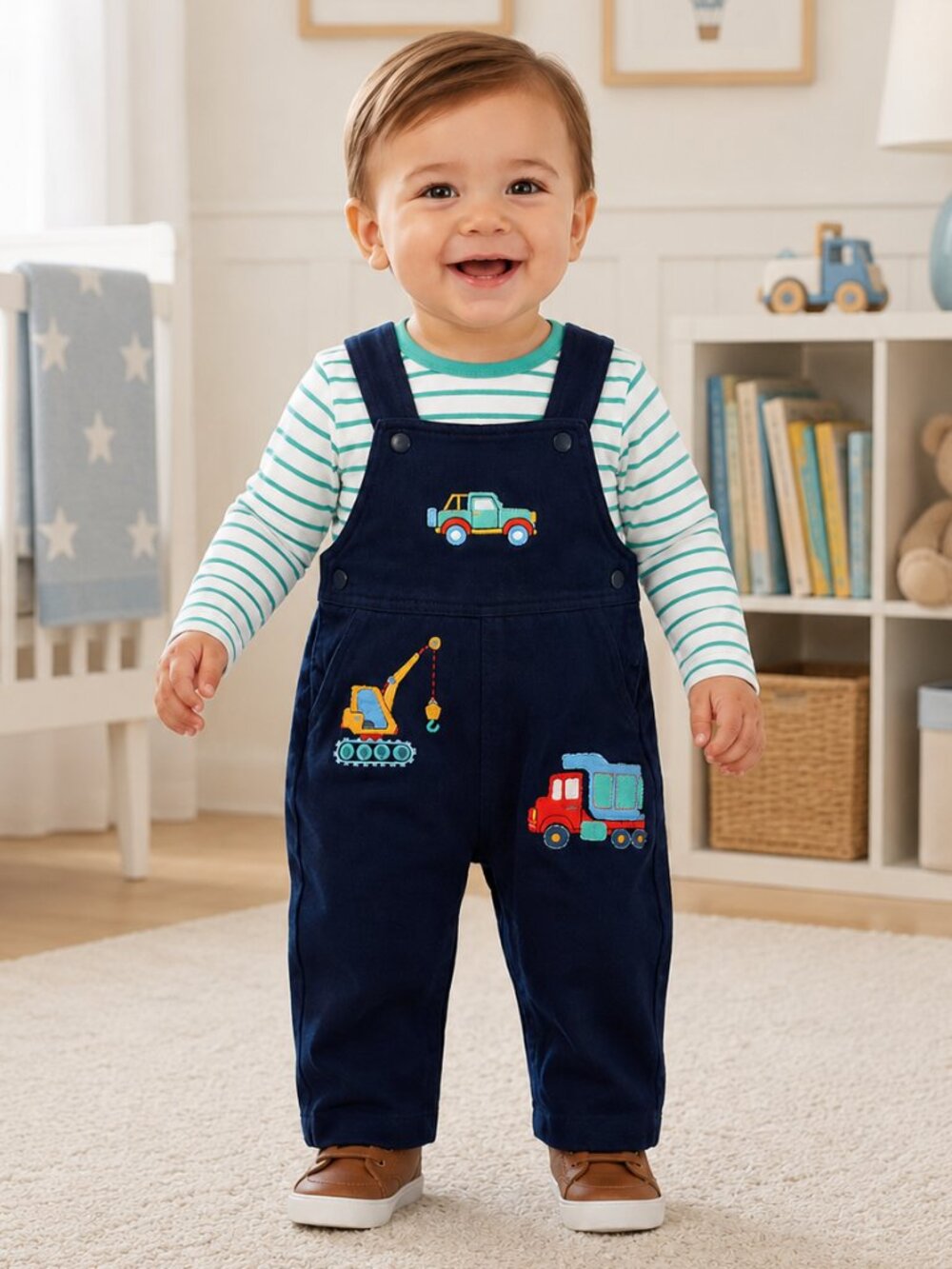 NWT Little Me 2 Pc Baby Boy Truck Romper Overall & Striped Shirt Set